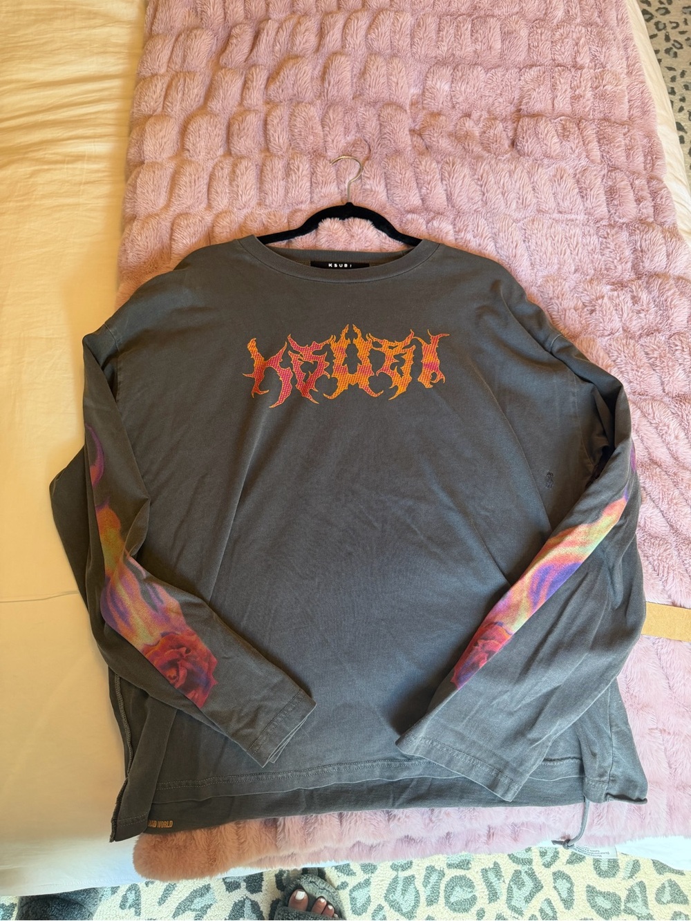 Ksubi Charcoal Long-Sleeve Tee with Multicolor Flame Graphics